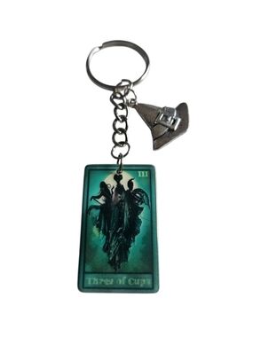 Hocus Pocus Three of Cups Tarot Keychain with Witch Hat Charm